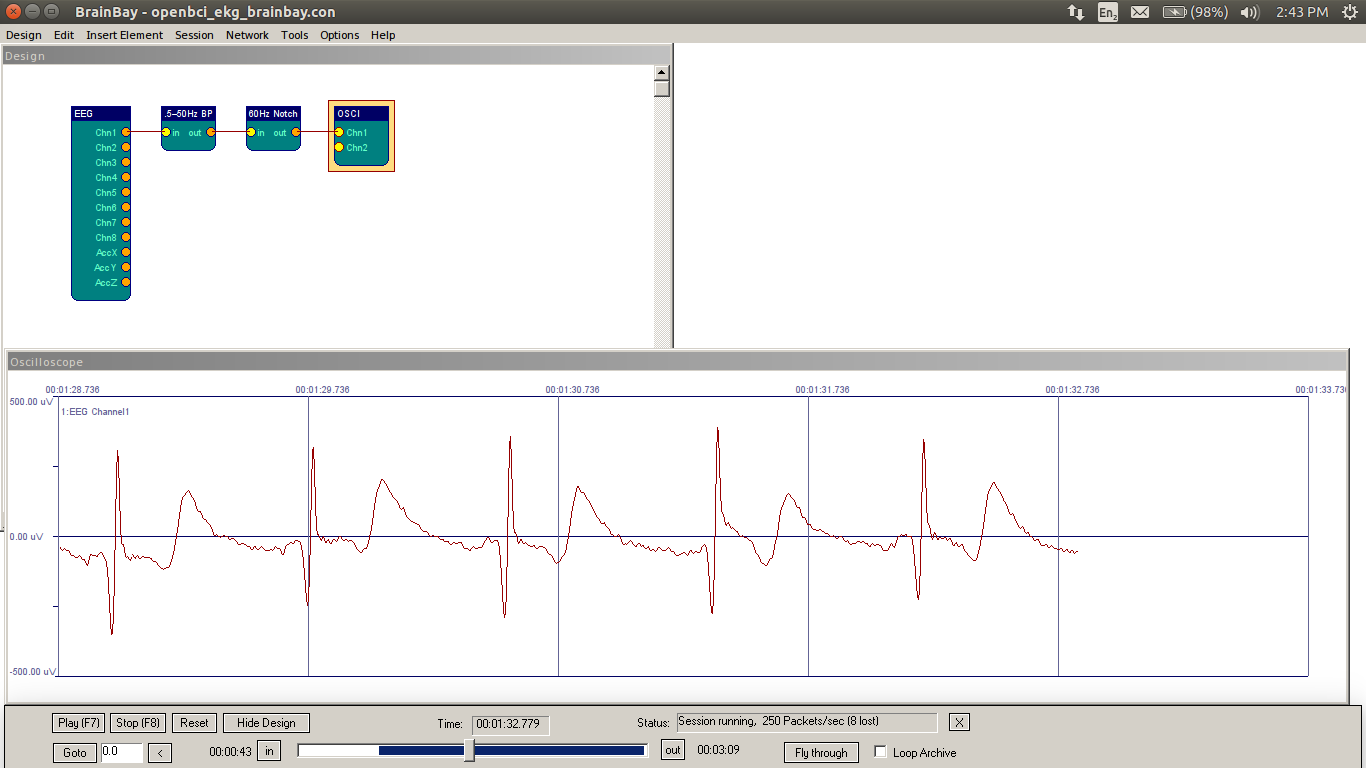 BrainBay on Linux showing 1 Channel of OpenBCI EKG Data