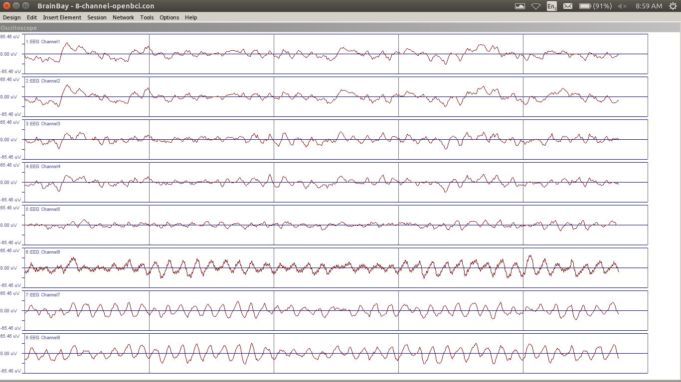 BrainBay on Linux showing 8 Channels of OpenBCI EEG Data